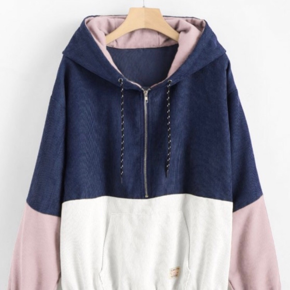 Front Pocket Contrast Corduroy Hoodie